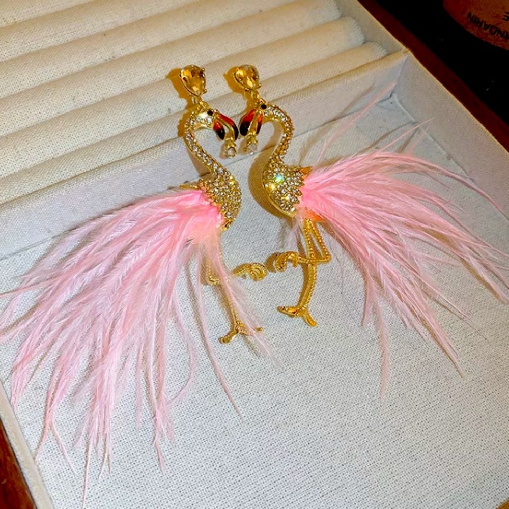 Pink Flamingo Rhinestone Dangle Earrings Fashion Jewelry Accessories - Picture 3 of 4